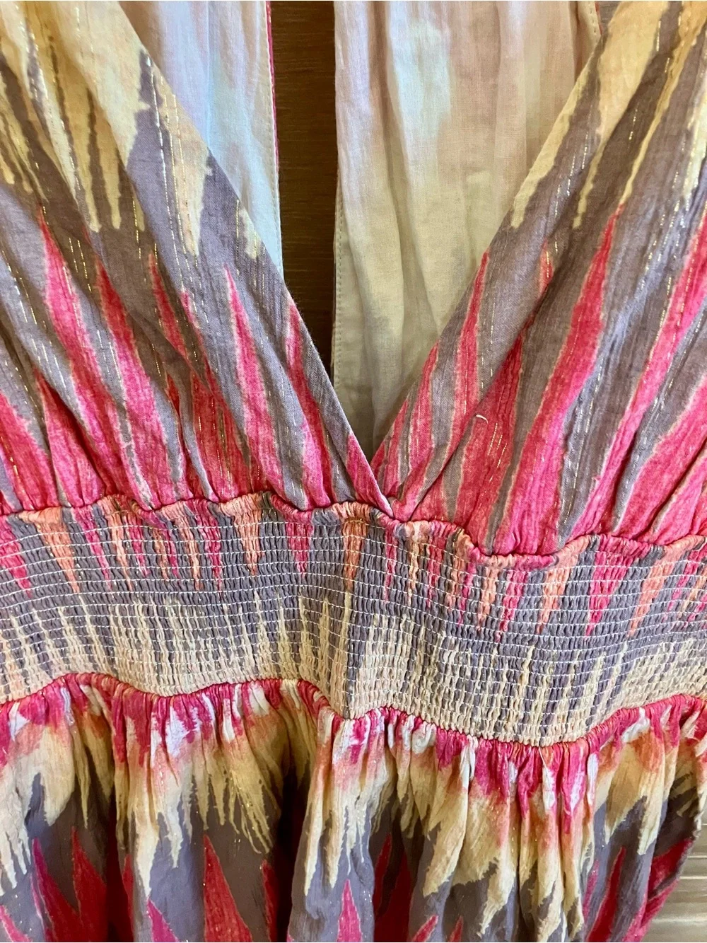 Free People Multicolor Pink Cream Gray Smocked V-Neck Mini Dress